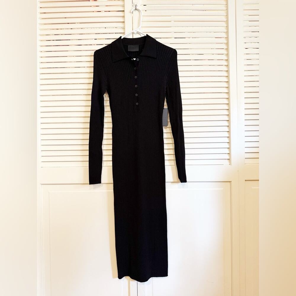 NWT NEW ONA by Yoon Chung Black Ribbed Bodycon Long Sleeve Knit Dress - Picture 2 of 9